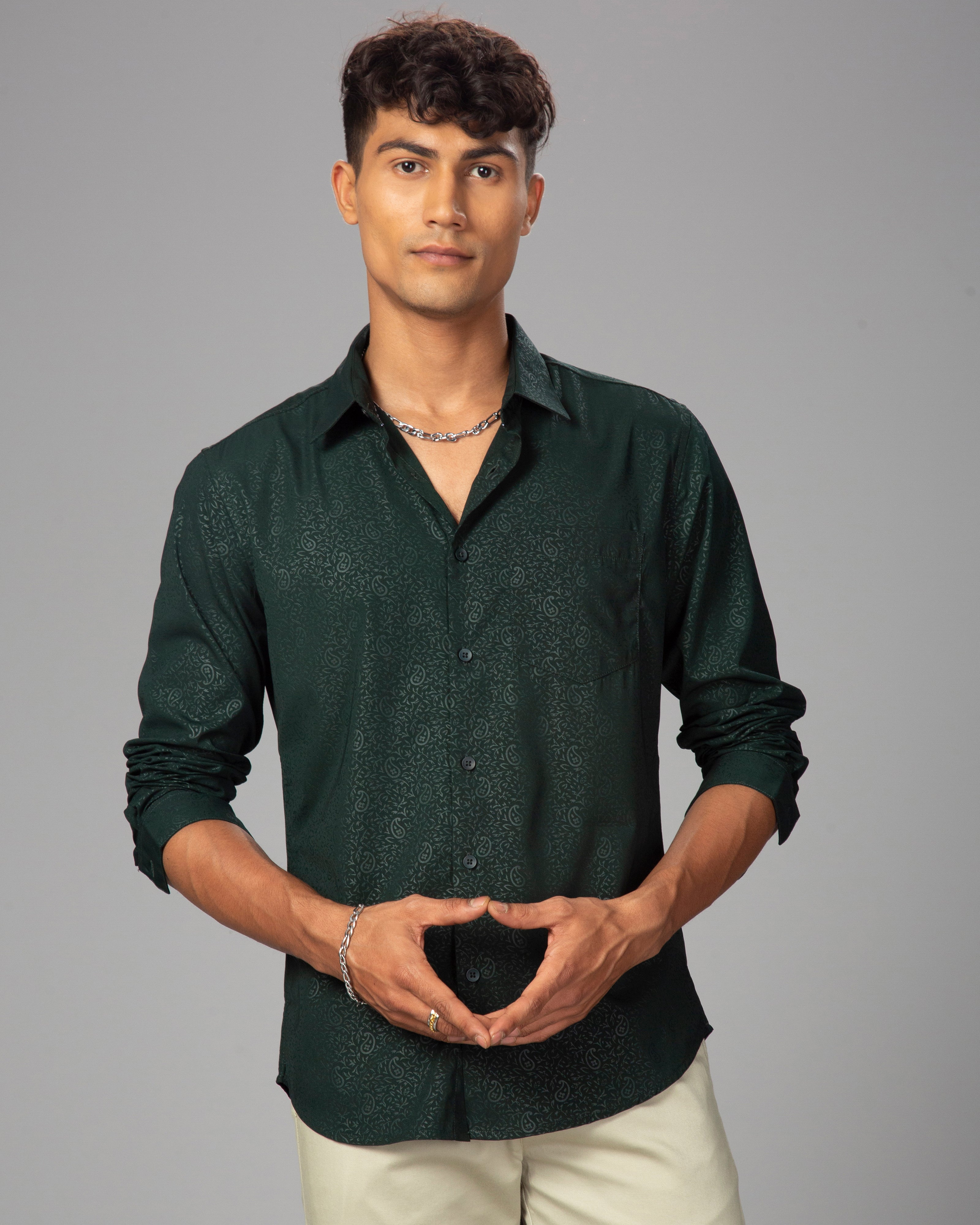 Men Olive Cotton Slim Shirt