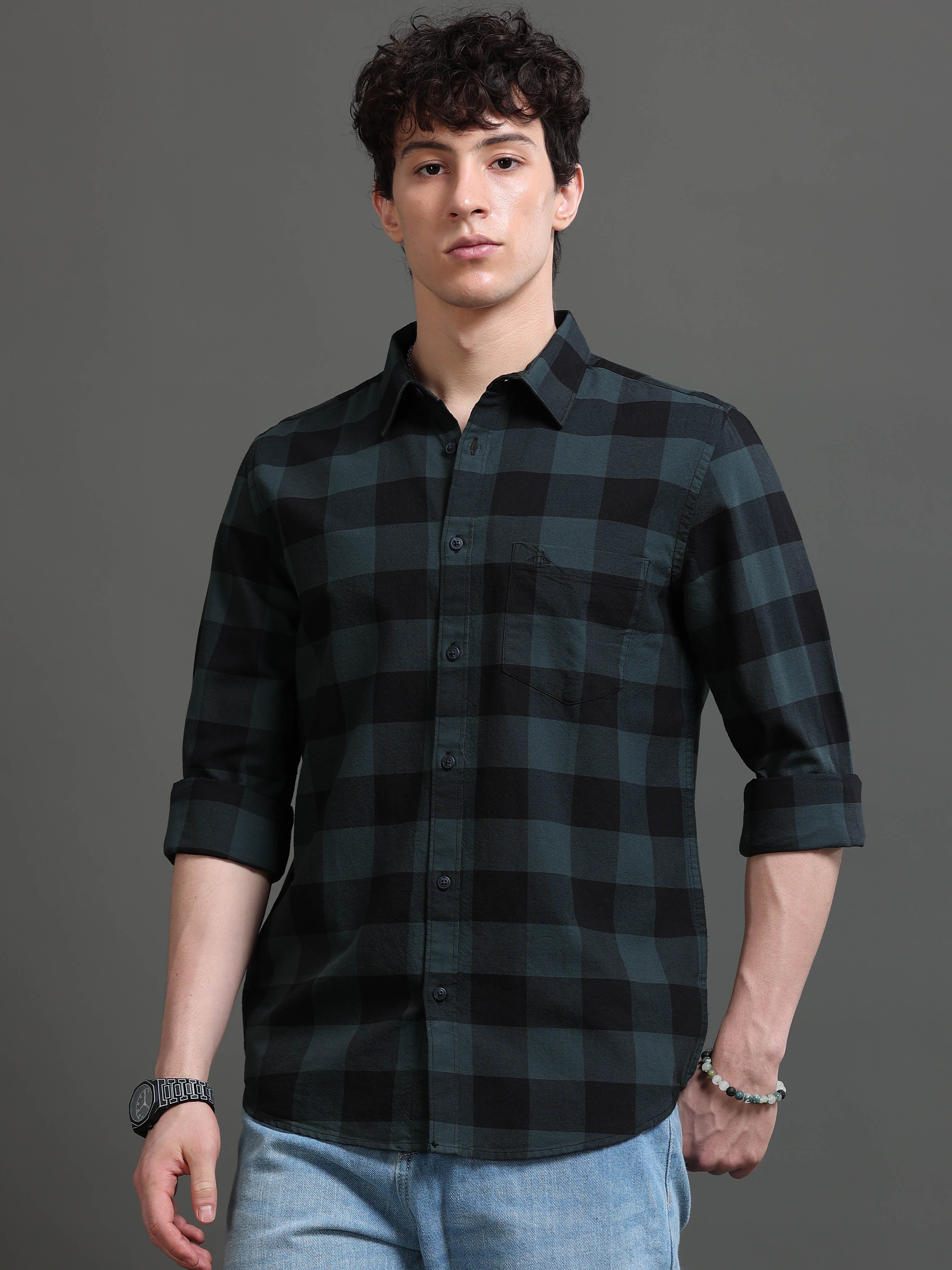 Men Green Checked Shirt