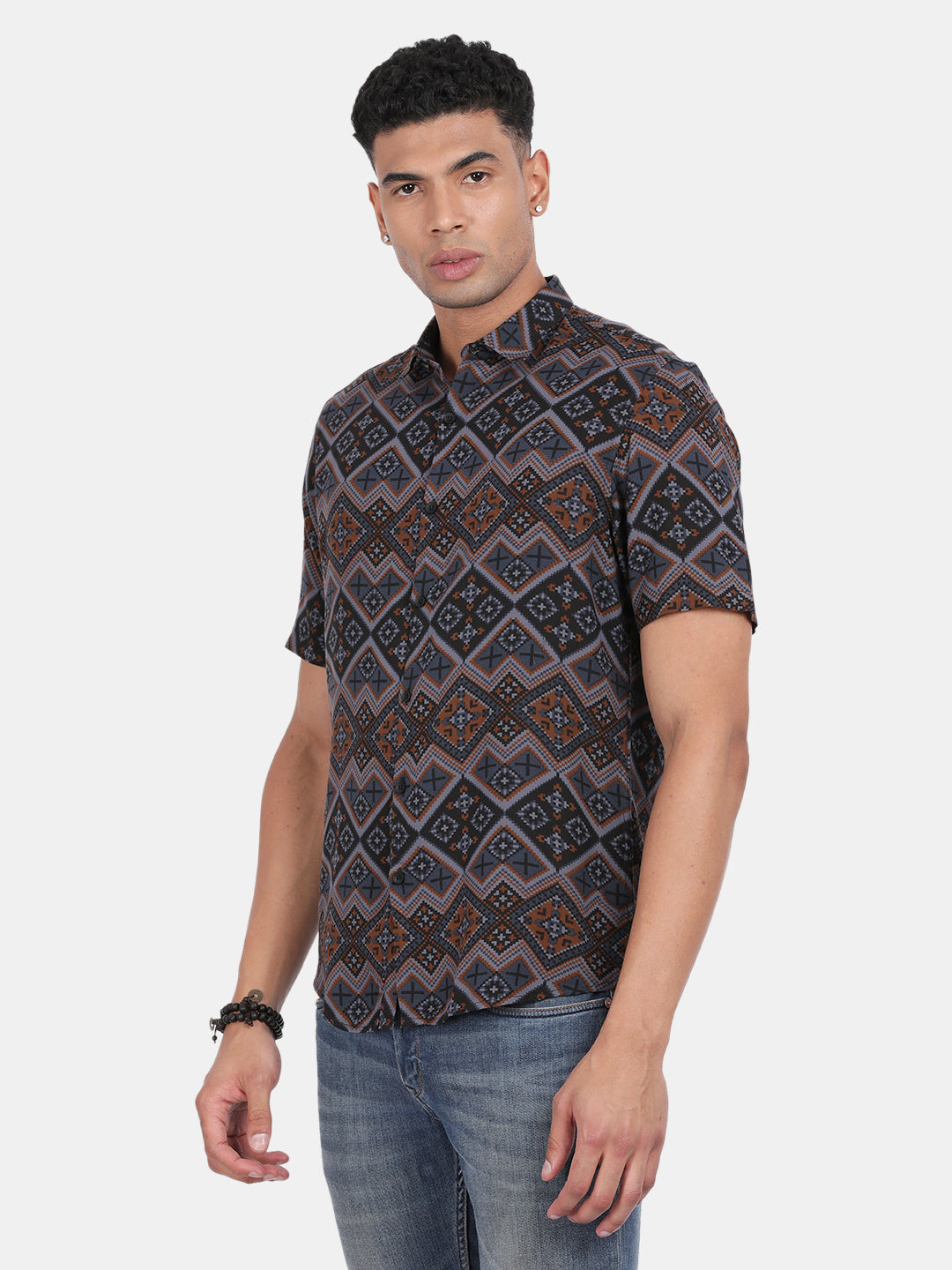 Men Grey Slim Fit Spread Collar Half Sleeve Casual Shirt