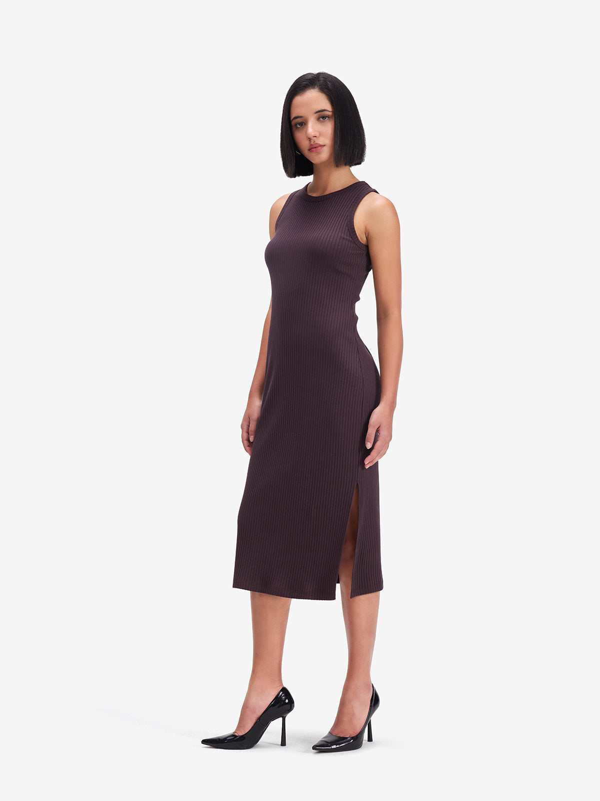 Women Brown Ribbed Side Slit Midi Dress