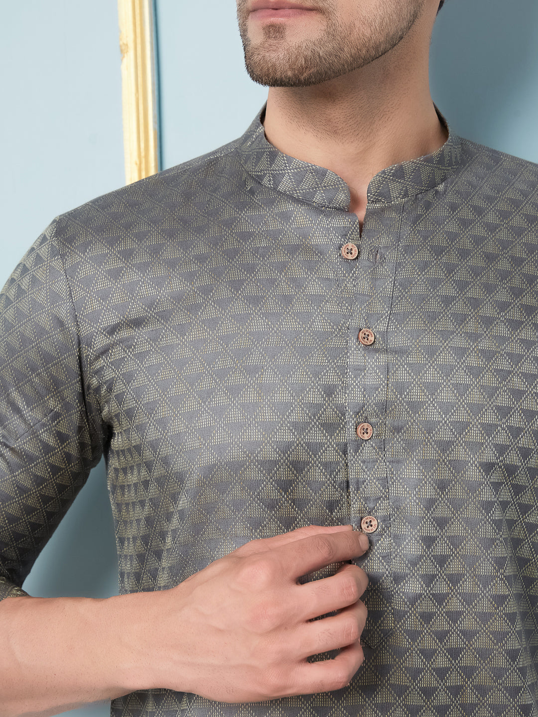 Men Charcoal Woven Design Thread Work Kurta