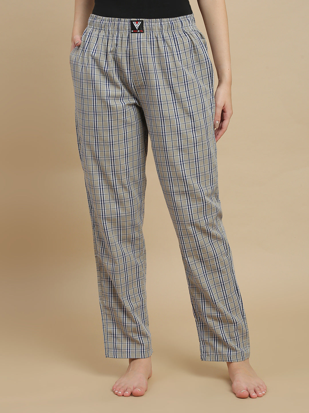 Women Taupe Checked Cotton Pyjamas