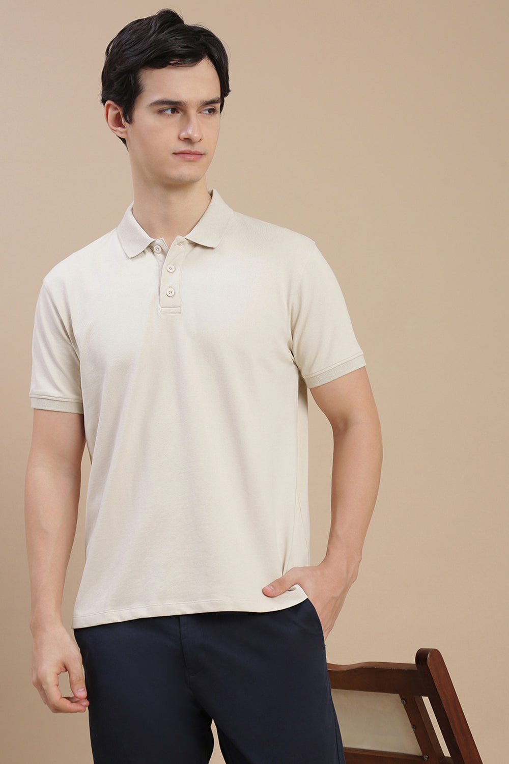 Men Beige Basic Solid Polo T-Shirt