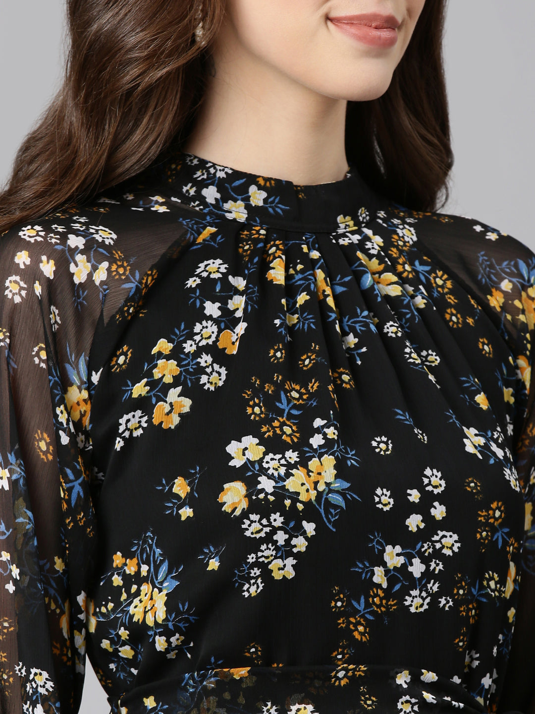 Women Black Floral Chiffon Dress