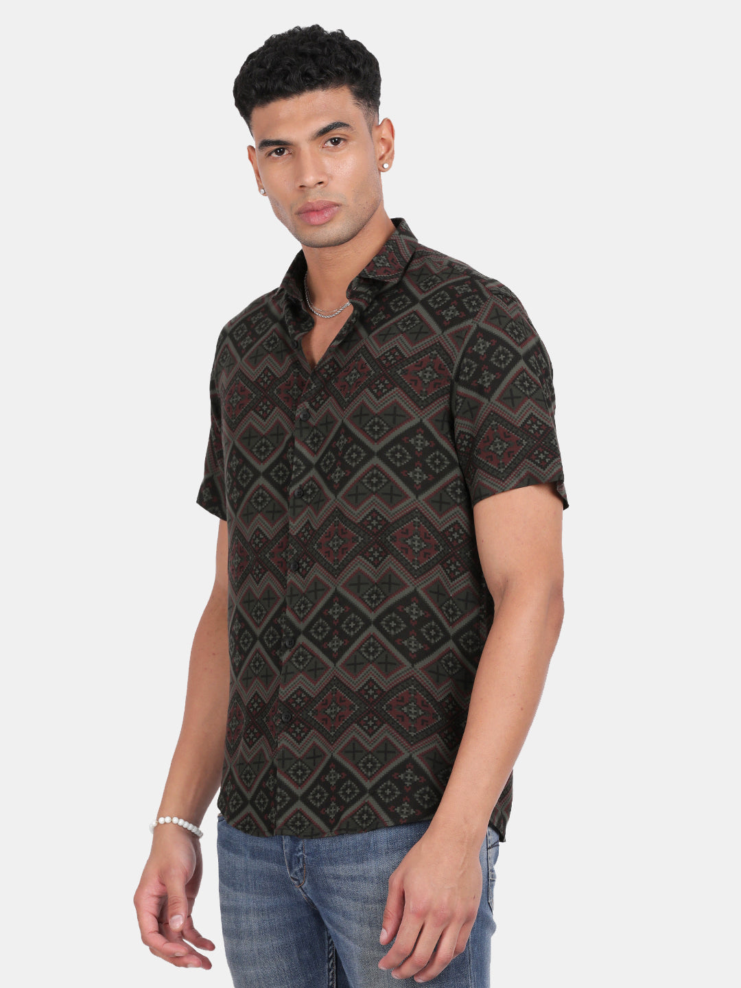 Men Dark green Slim Fit Spread Collar Half Sleeve Casual Shirt