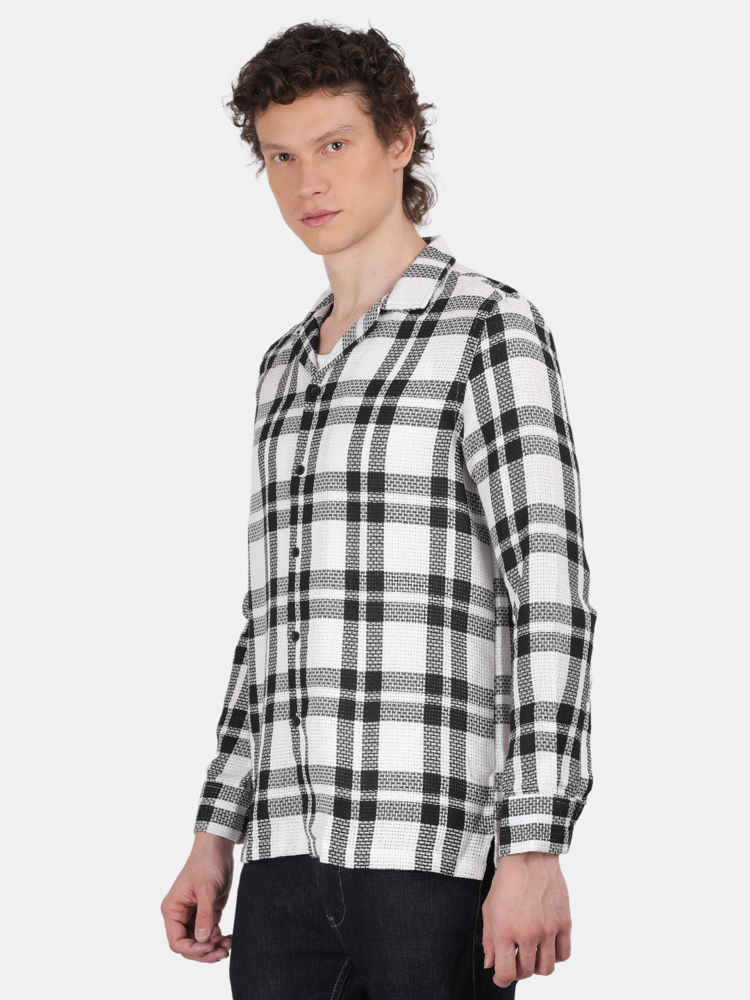 Men White Slim Fit Lapel Collar Full Sleeve Casual Shirt