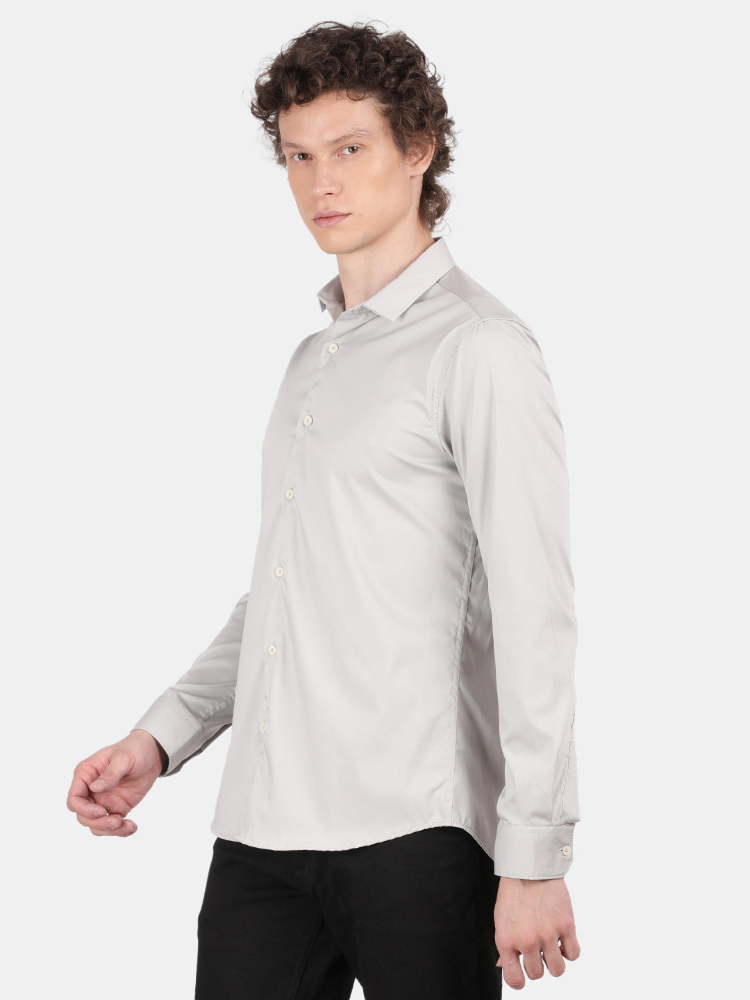 Men Silver Slim Fit Spread Collar Full Sleeve Casual Shirt