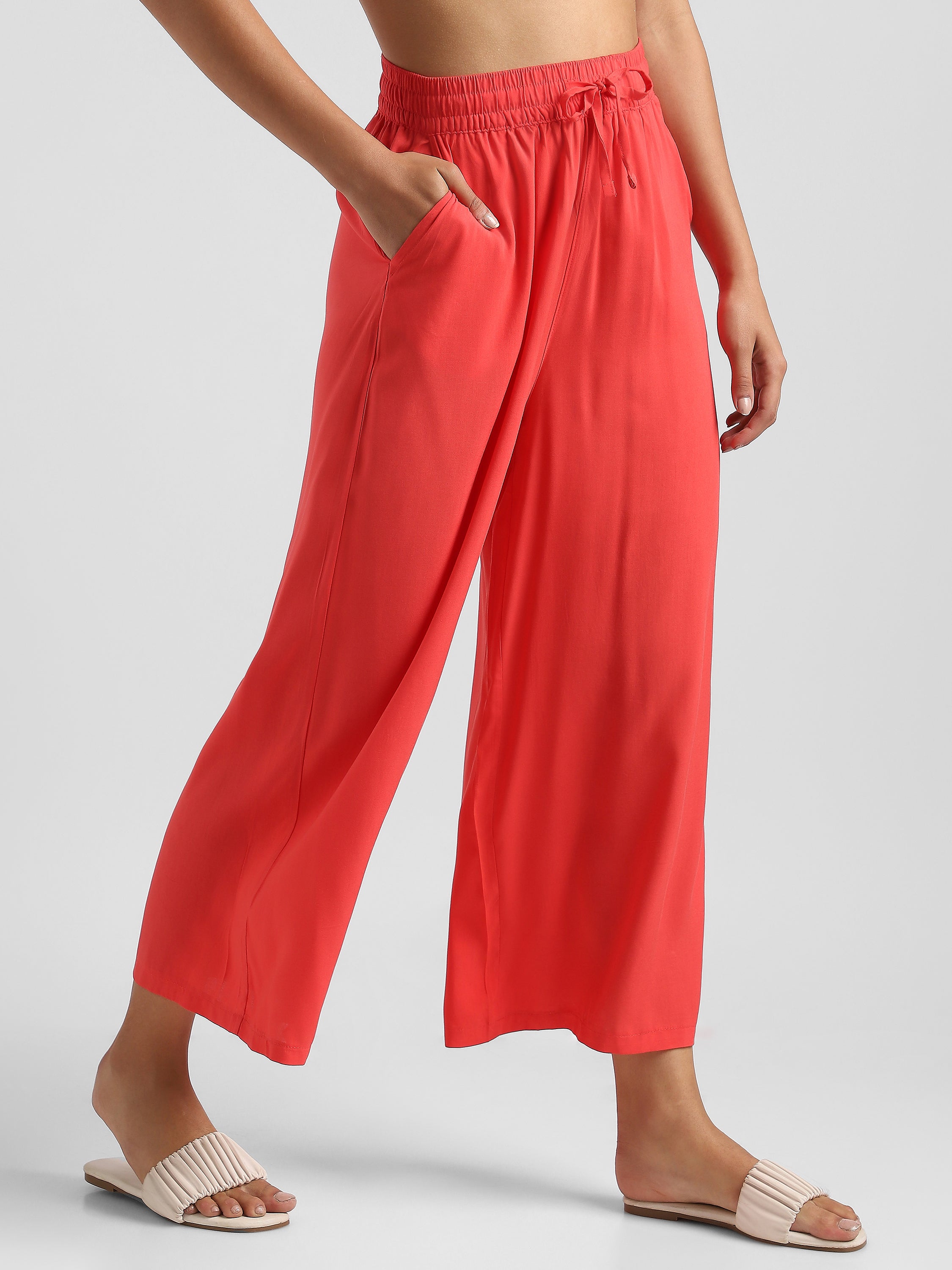 Women Red Flowy Wide-Leg Pants with Drawstring