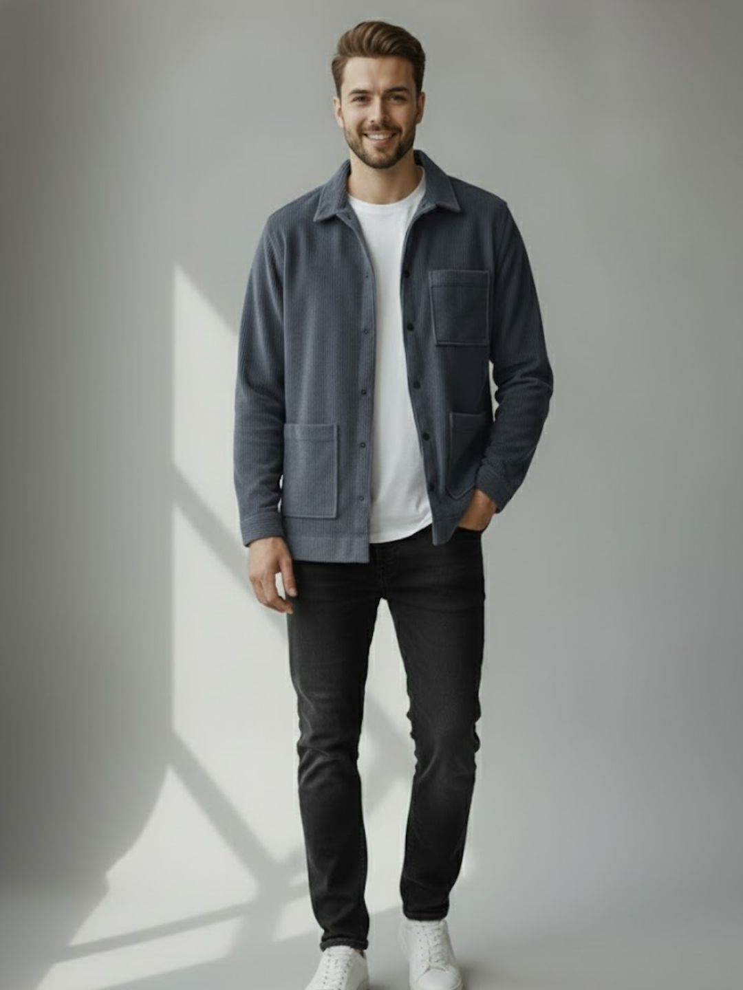 Men Blue Textured Casual Jacket