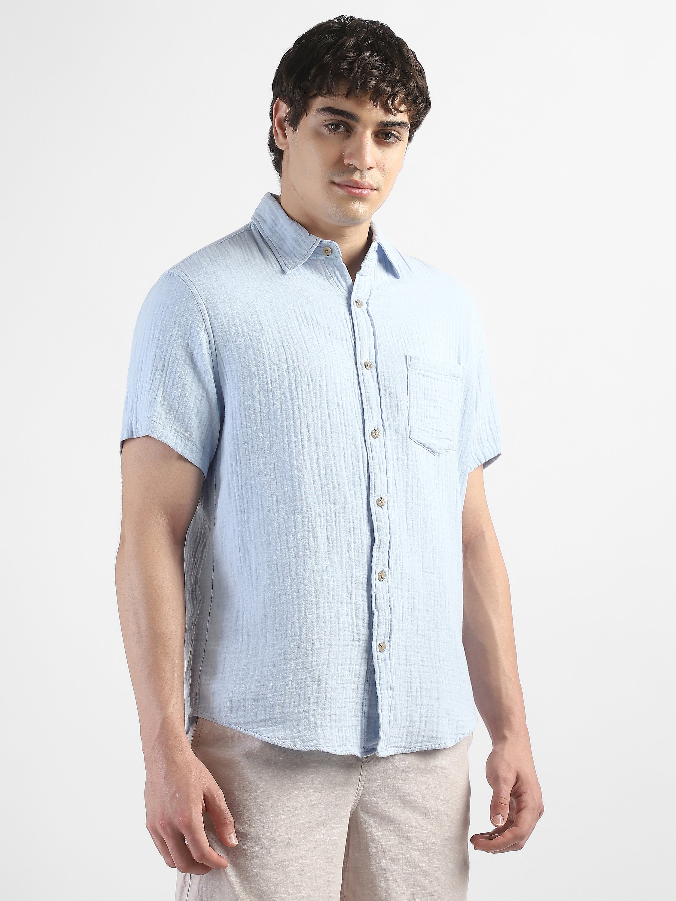 Men Blue Double Cloth Casual Shirt