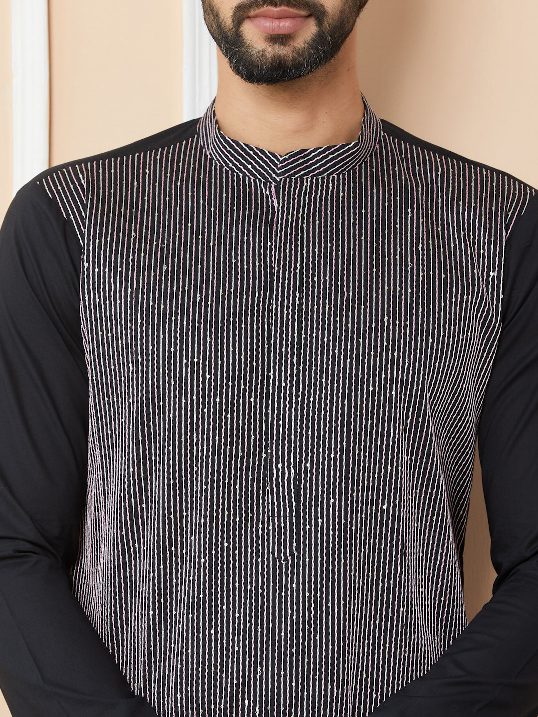 Men Black Thread & Sequin Worked Pure Cotton Straight Kurta