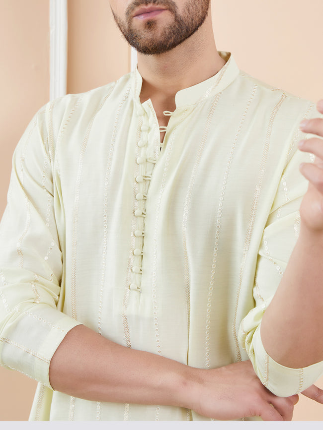 Men Cream And Gold Chanderi Silk Sequins Kurta