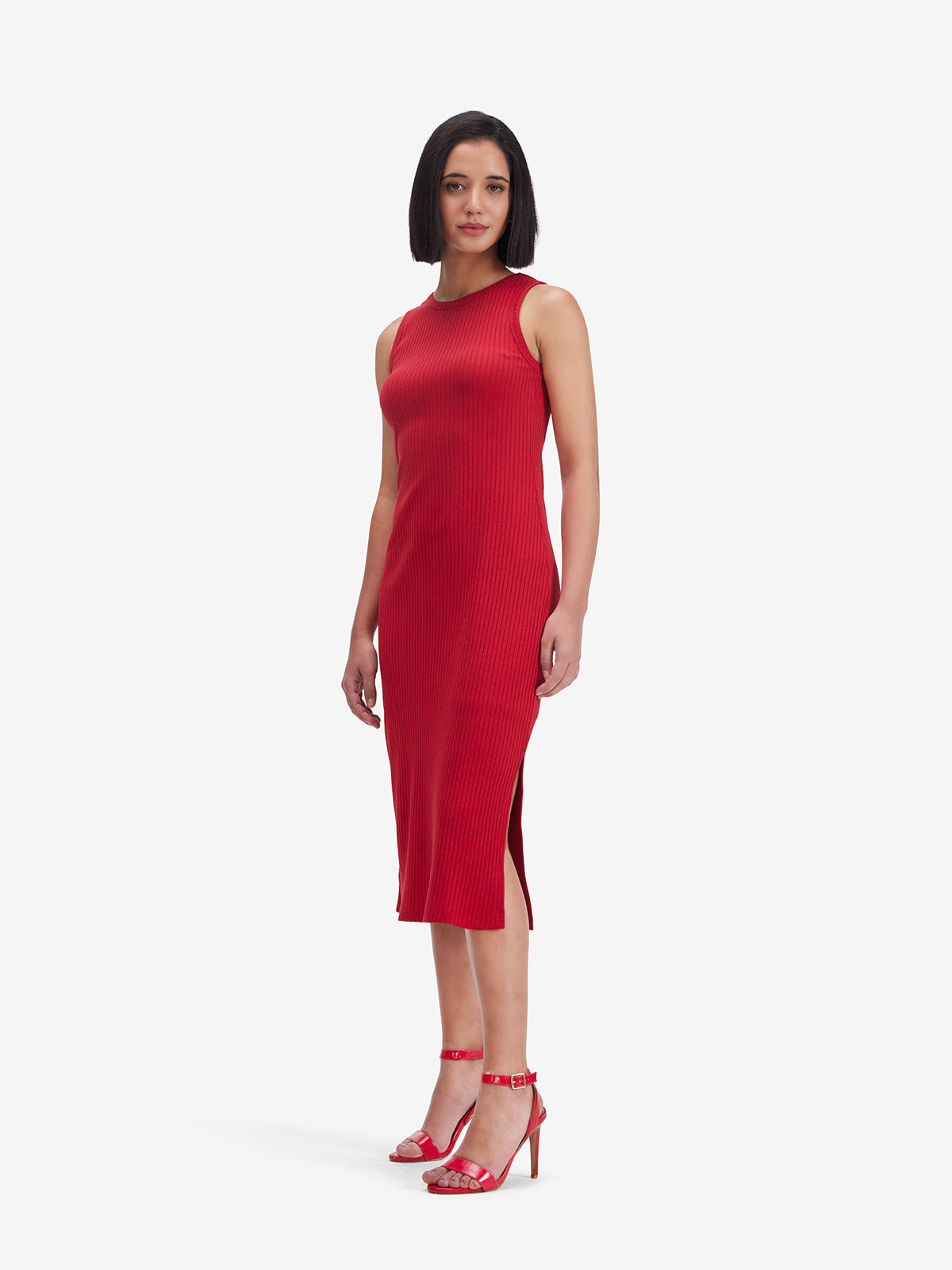 Women Red Ribbed Side Slit Midi Dress
