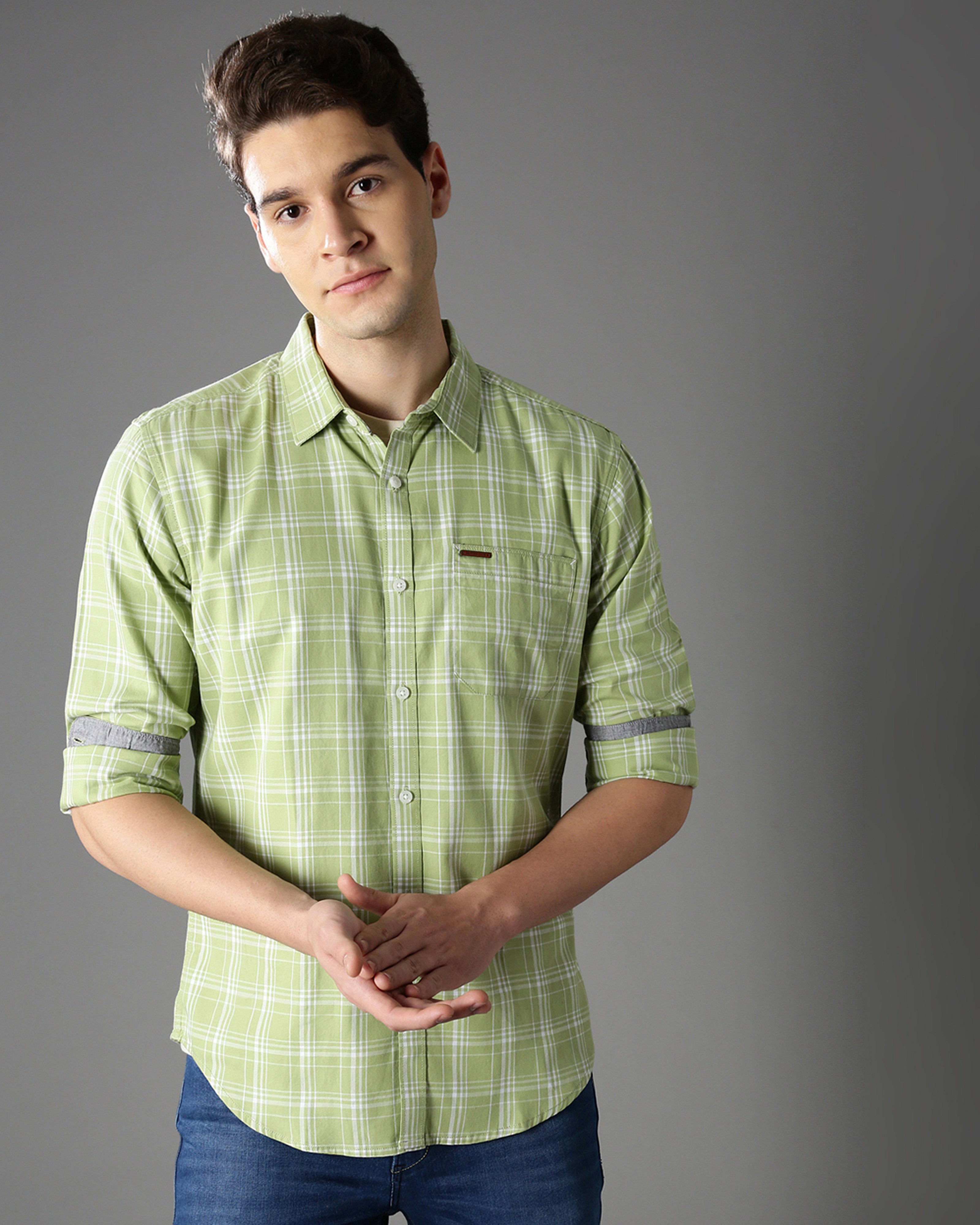 Men Green Cotton Slim Shirt