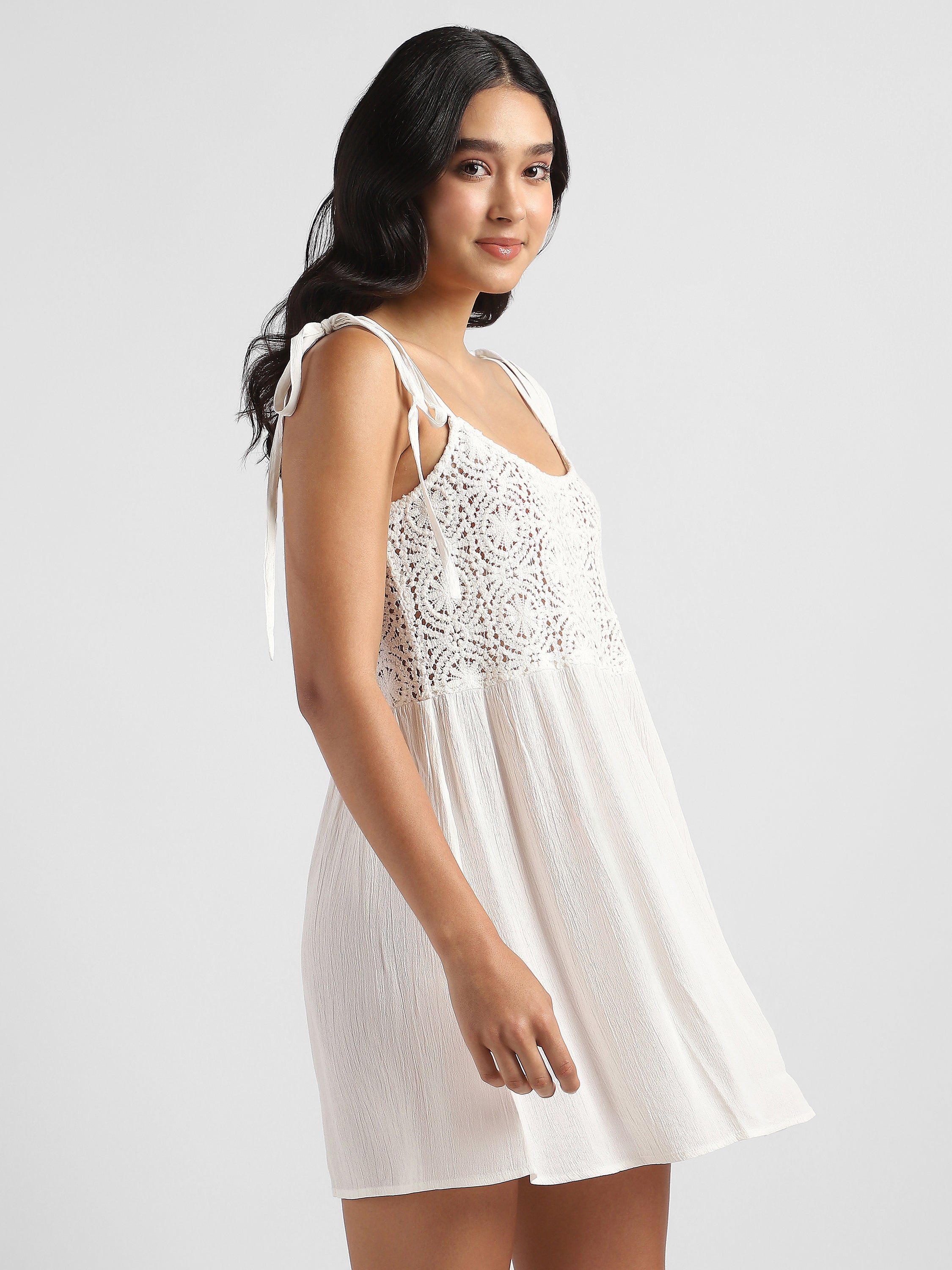 Women White Crochet Yoke Dress