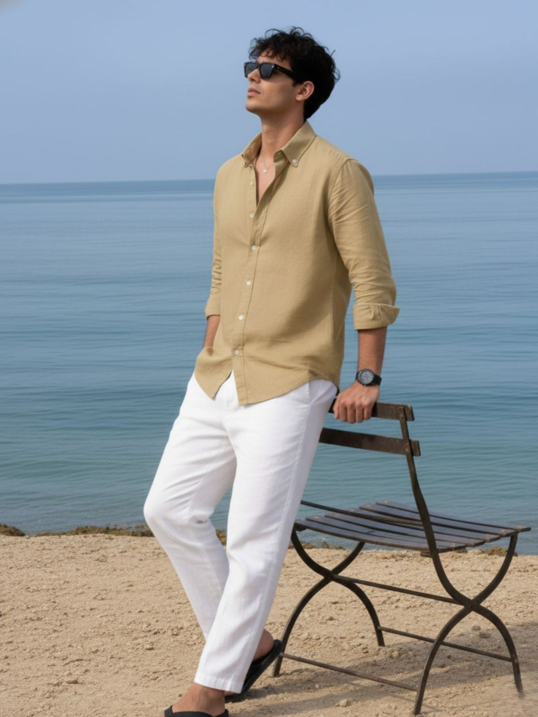 Men Khakhi Solid Shirt