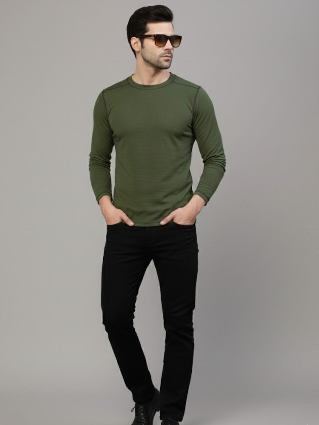Men Green Round Neck Polyester T-Shirt