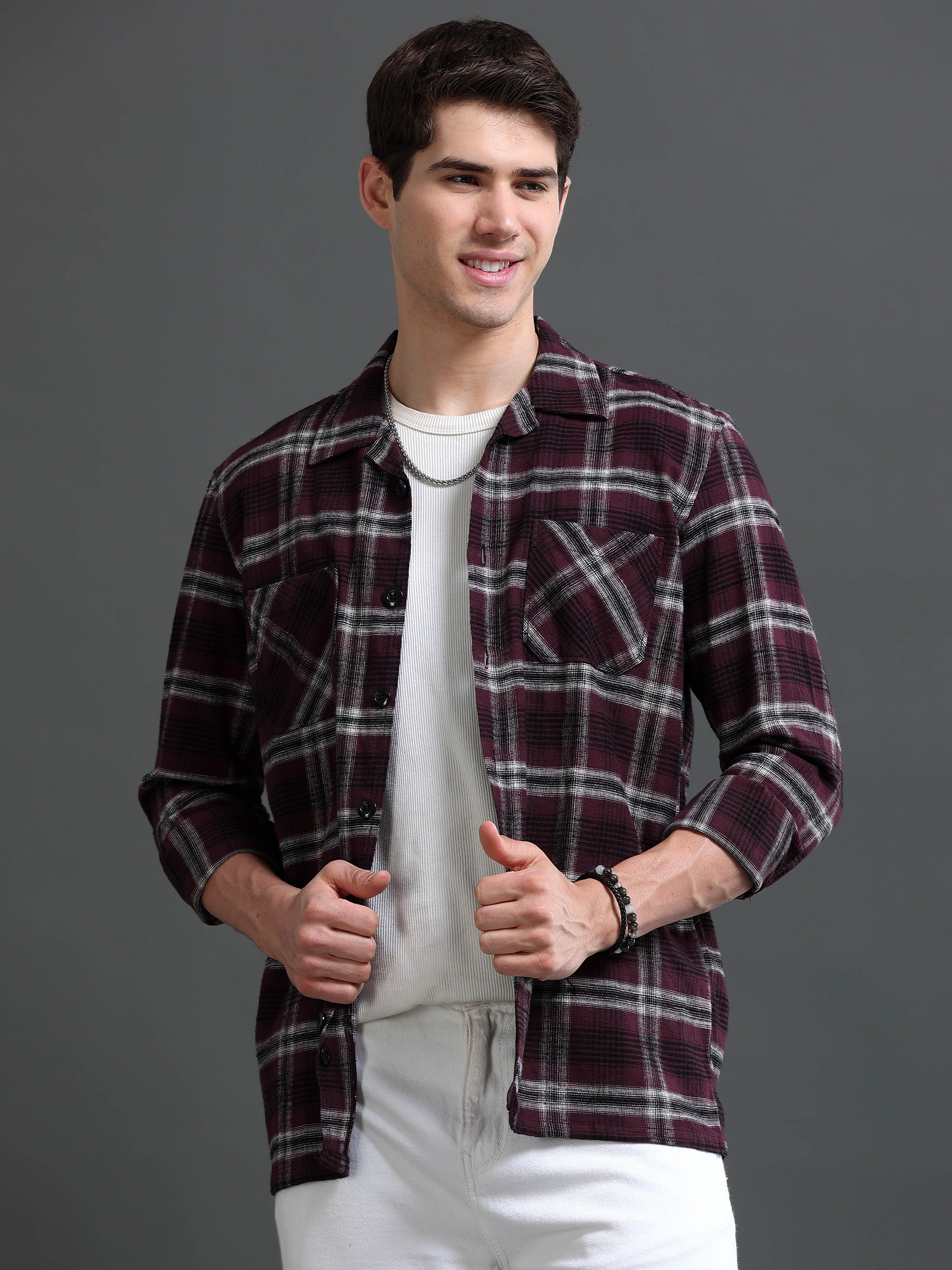 Men Burgundy Flannel Checked Shirt