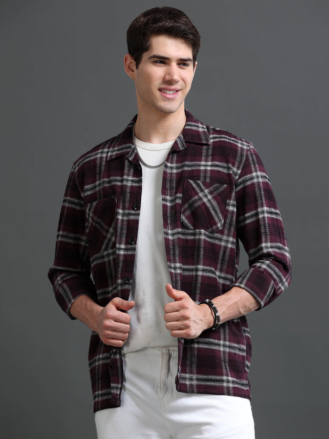 Men Burgundy Flannel Checked Shirt
