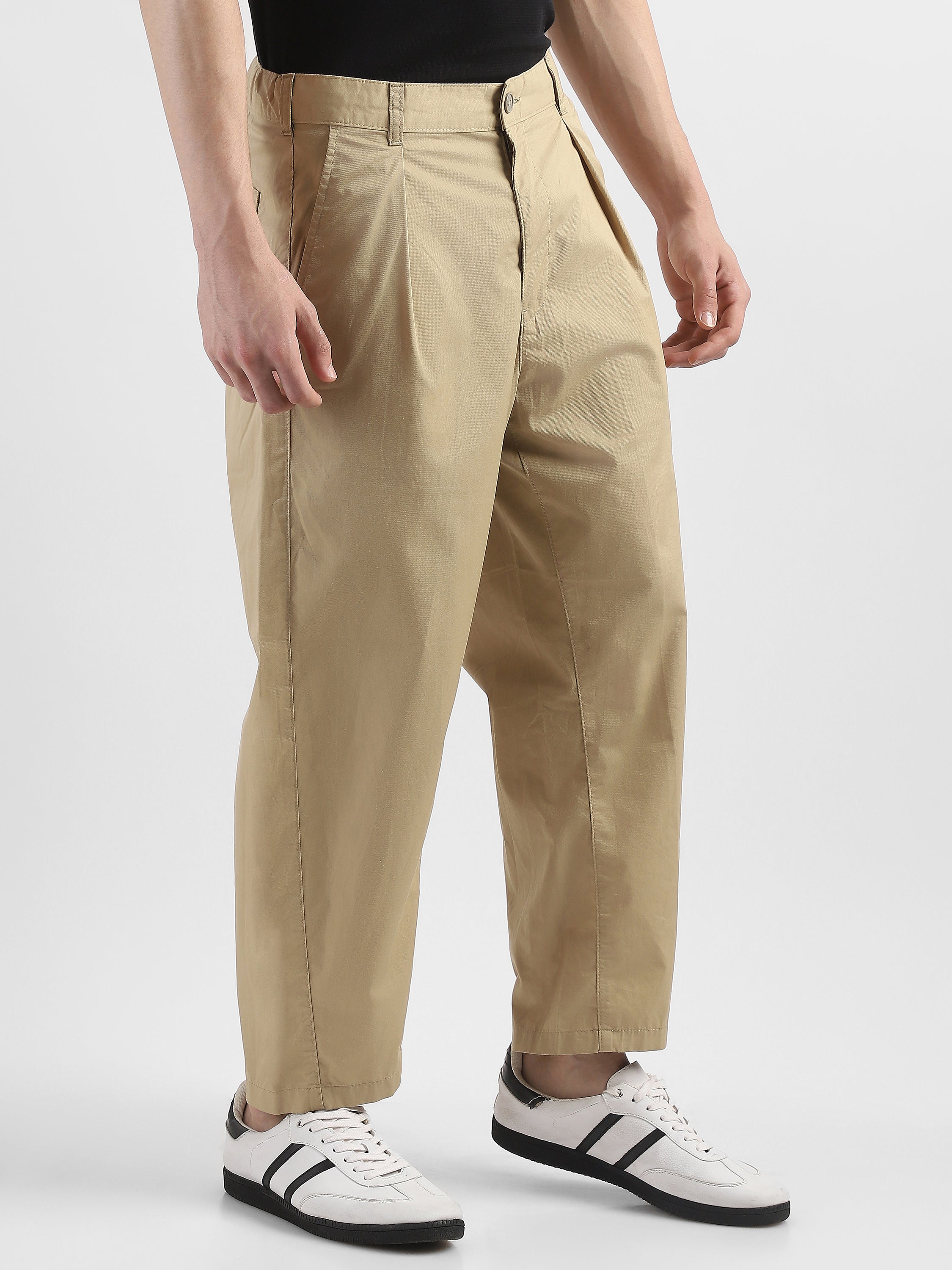 Men Beige Pleated Mid Rise Comfort Fit Trousers