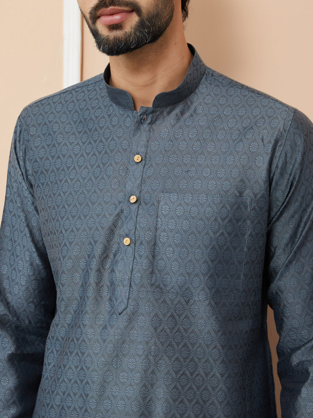 Men Charcoal Ethnic Motifs Silk Jacquard Straight Kurta