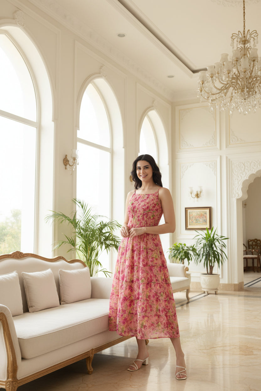 Women Floral Chiffon Midi Dress
