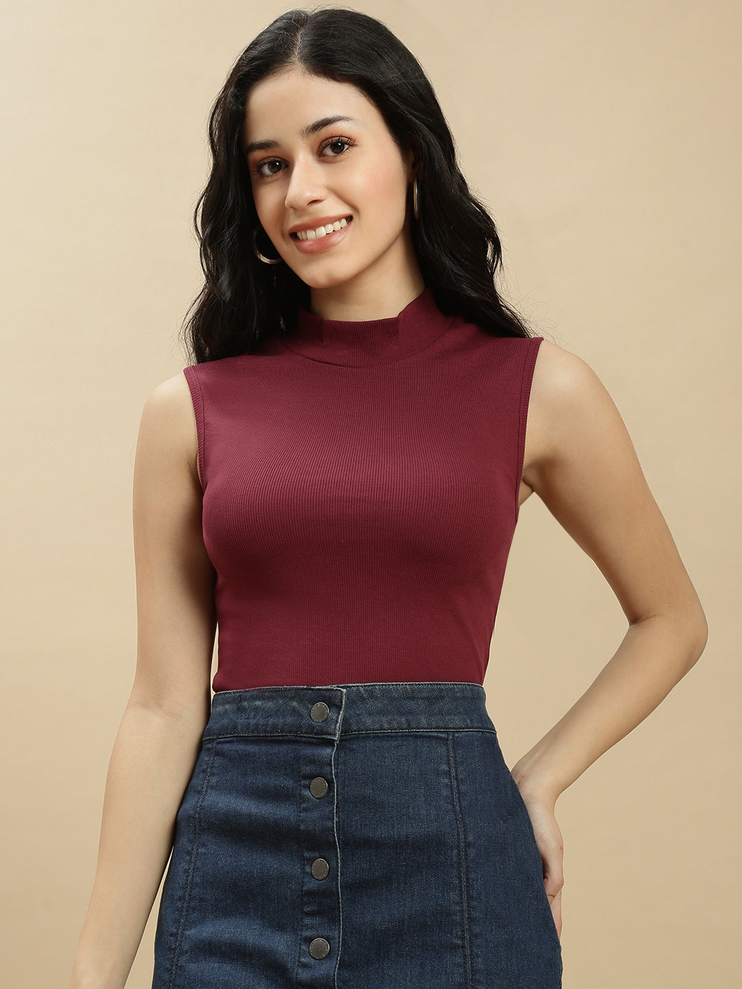 Women Burgundy Sleeveless Top