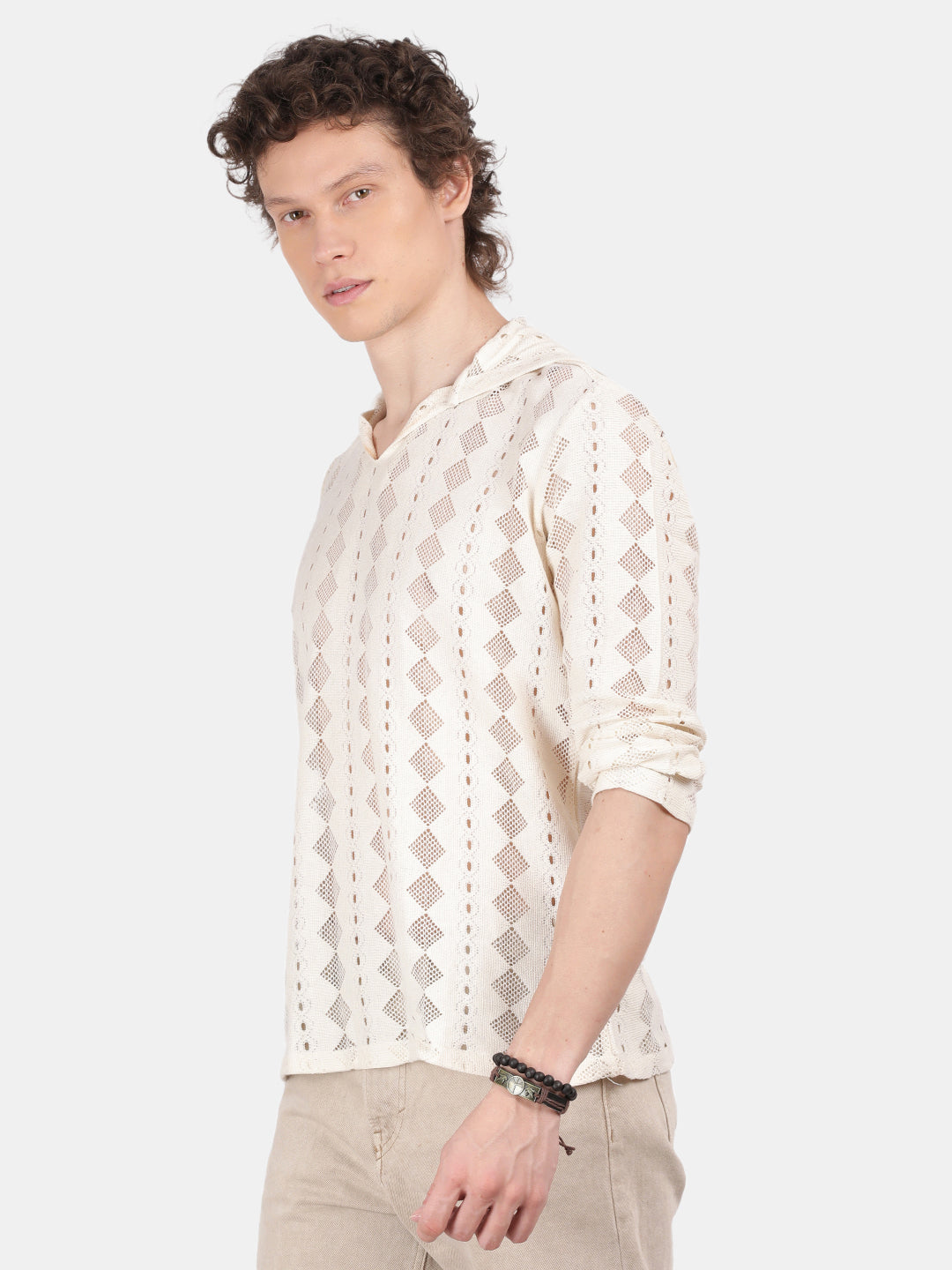 Men Cream Regular Fit Spread Collar Full Sleeve Hoodie