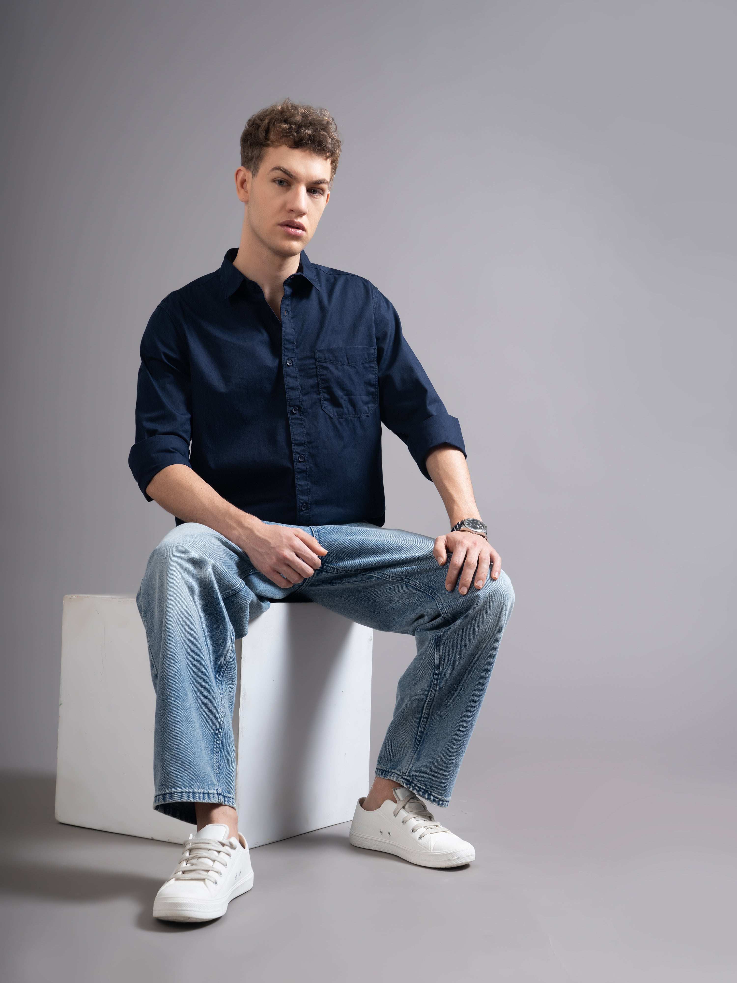 Men Navy Blue Twill Shirt