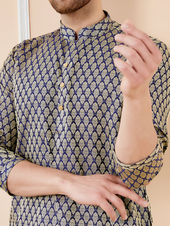 Men Navy Blue Silk Jacquard Woven Design Kurta