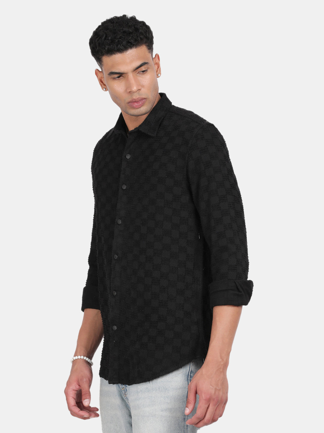 Men Black Slim Fit Spread Collar Full Sleeve Casual Shirt