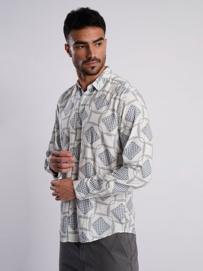 Men White and Blue Abstract Printed Shirt