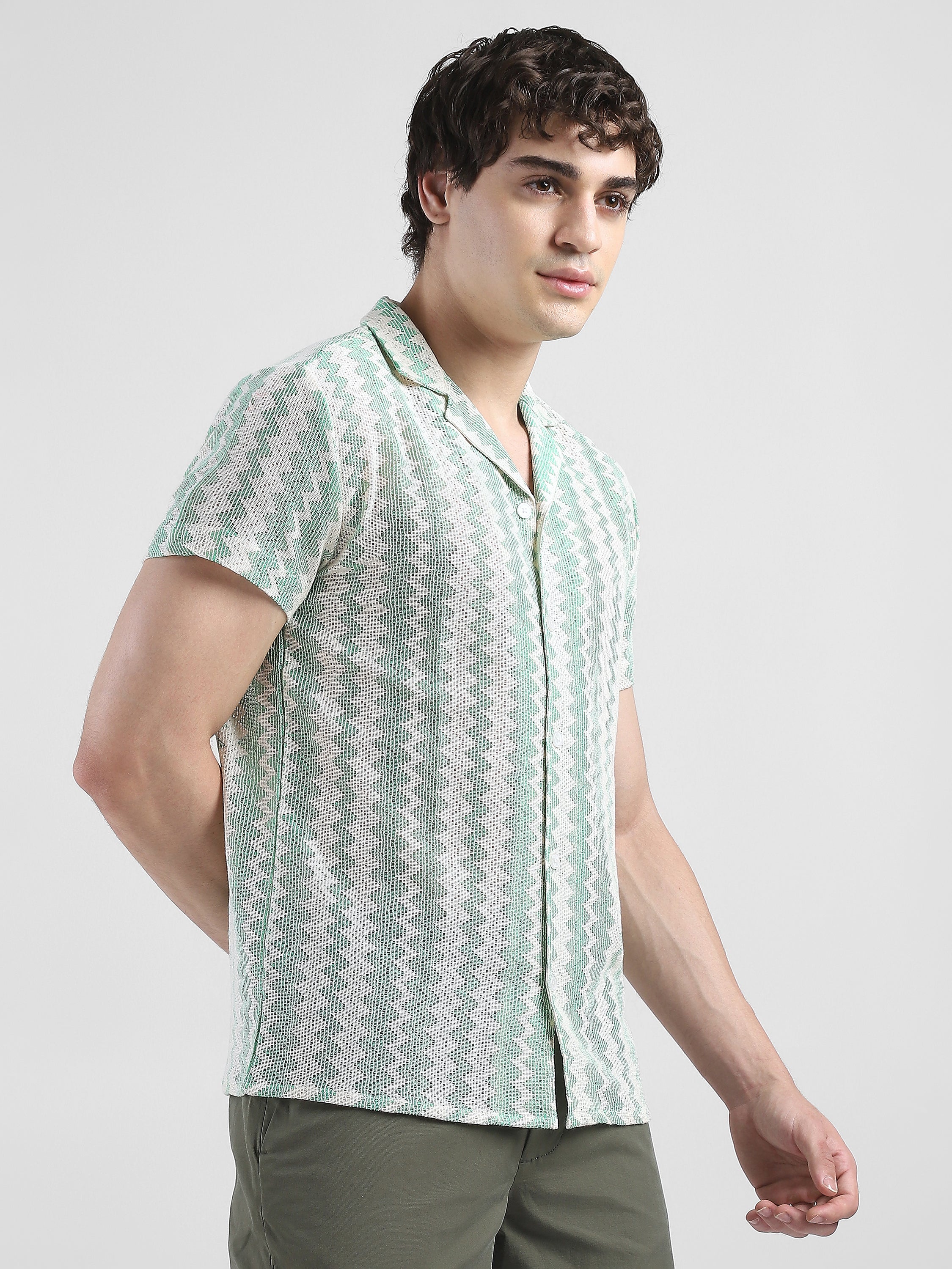 Men Lace See through Green Casual Shirt