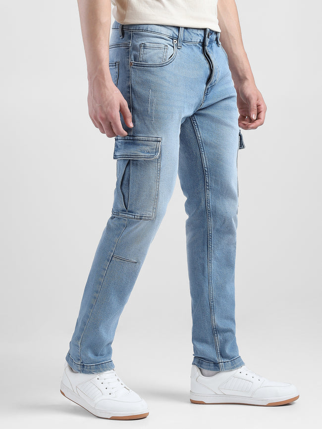Men Blue Denim Mid Rise Cargo Pants