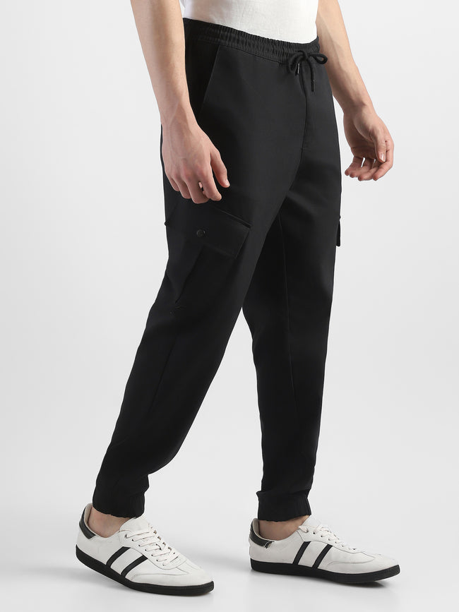Men Black Cotton Blend Cargo Jogger Pants