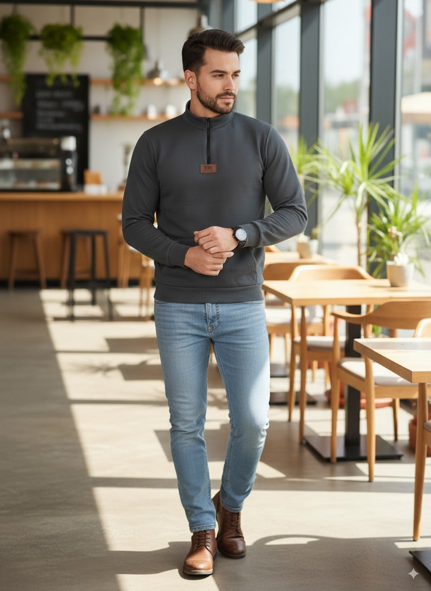 Men Grey Zip-Up Fleece Sweatshirt