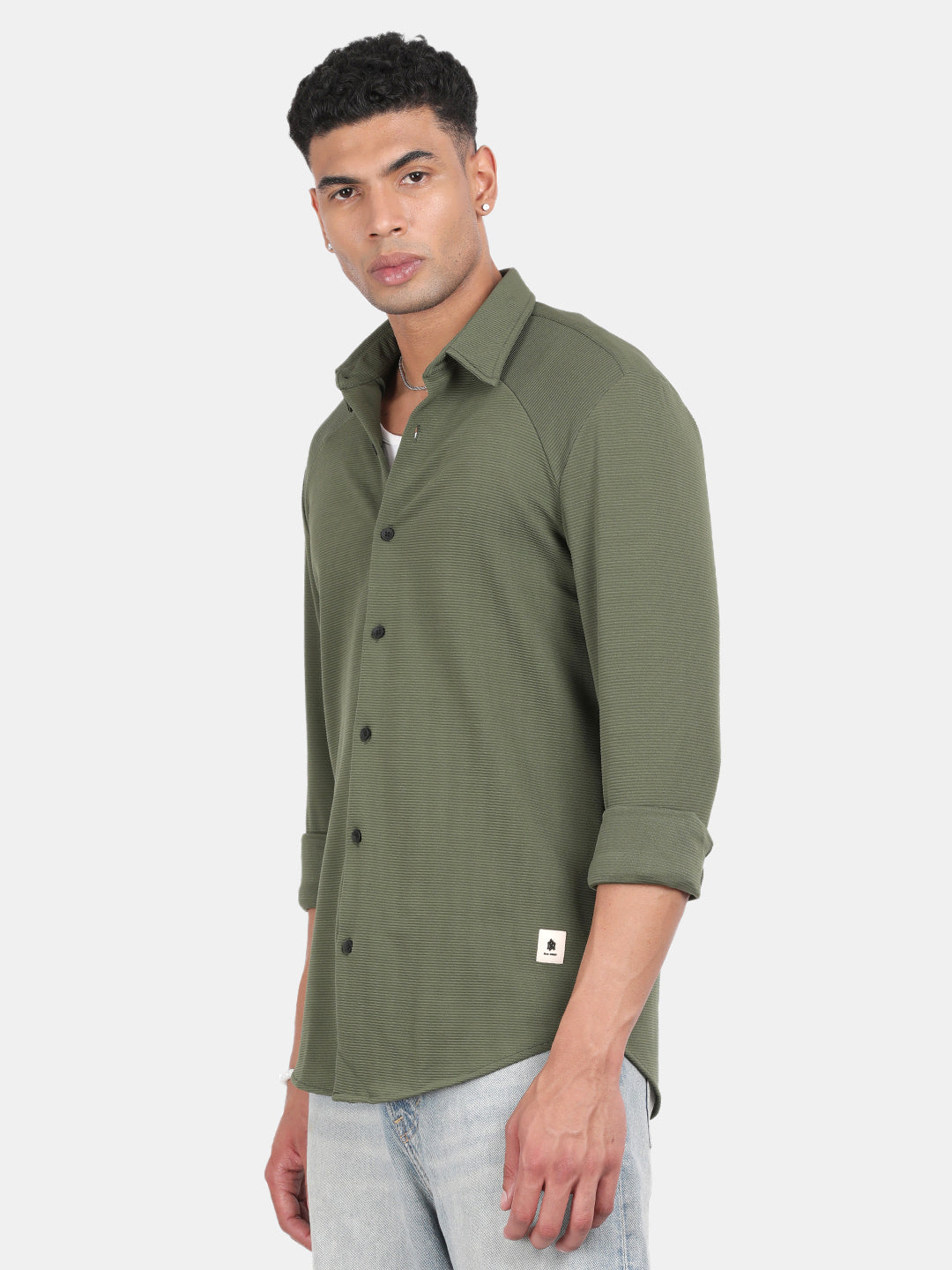 Men Olive Slim Fit Spread Collar Full Sleeve Casual Shirt