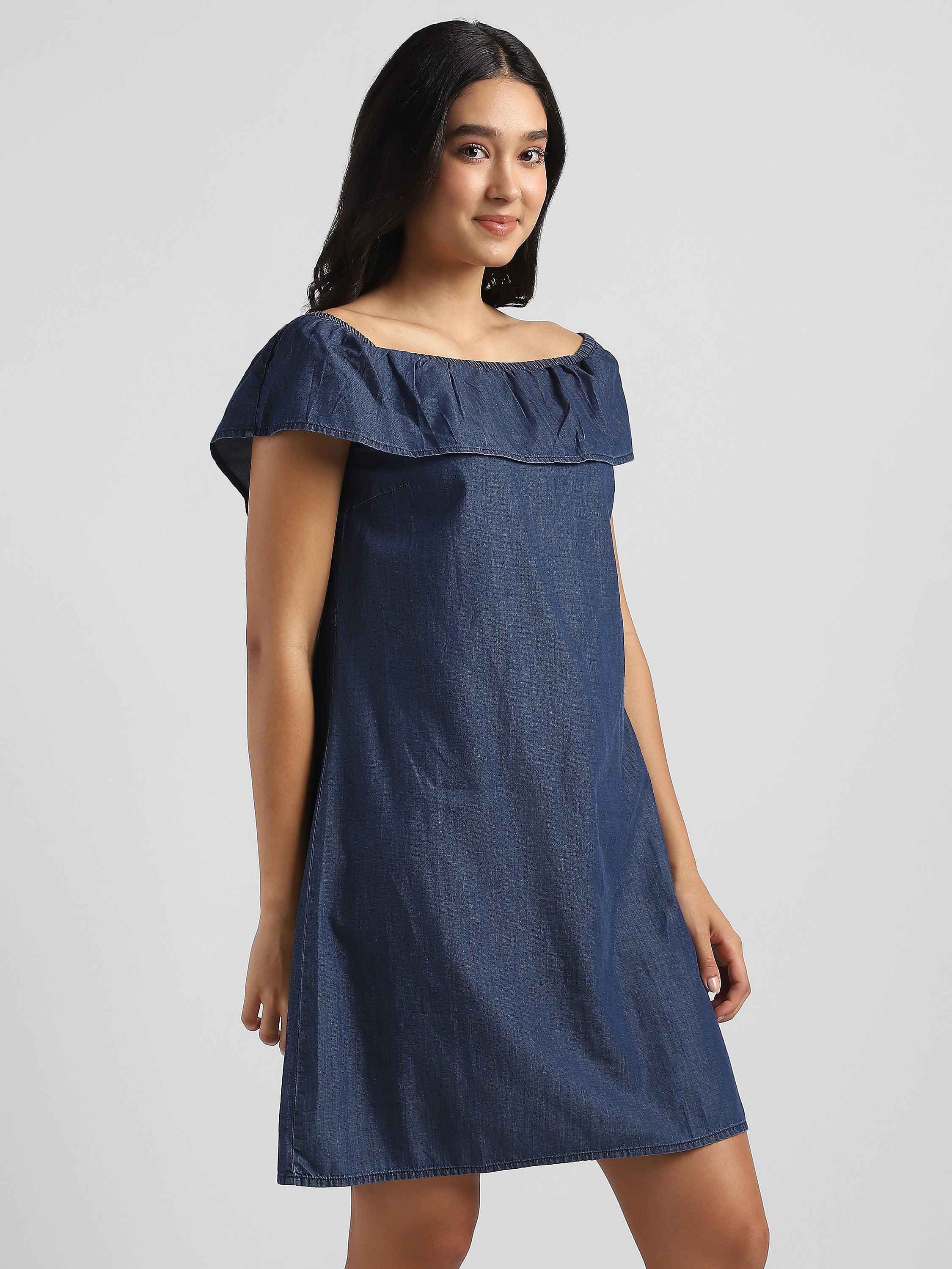 Women Blue Denim Off shoulder Dress