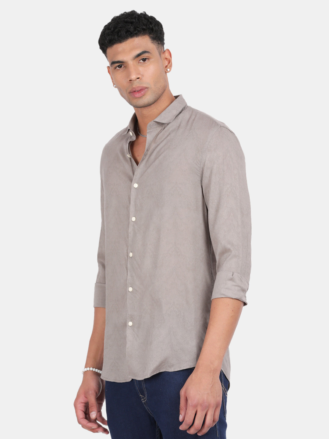 Men Grey Slim Fit Spread Collar Full Sleeve Casual Shirt