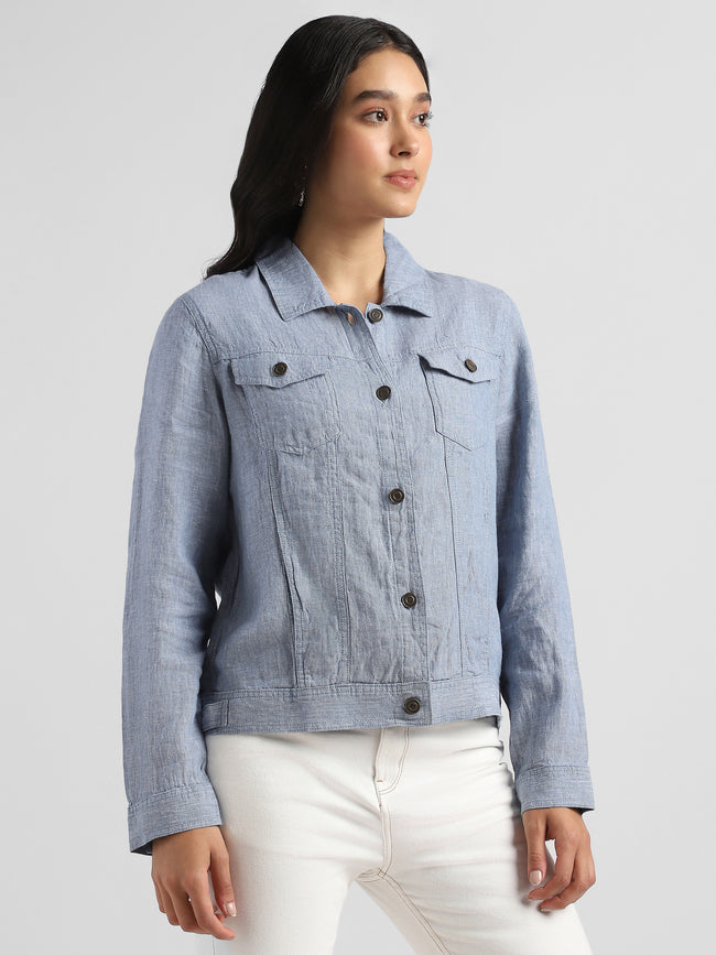 Women Linen Blue Shacket