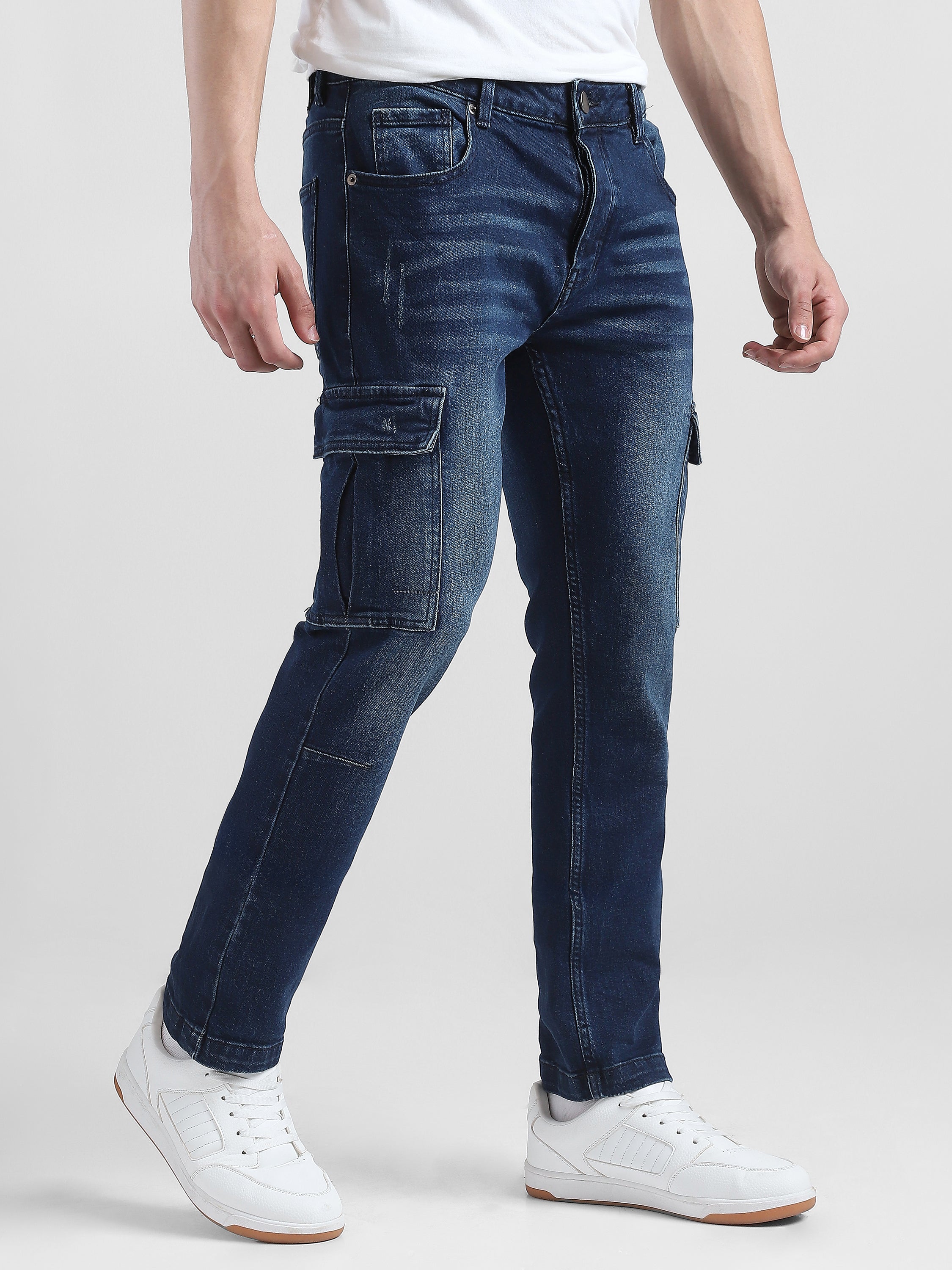 Men Navy Denim Mid Rise Cargo Pants