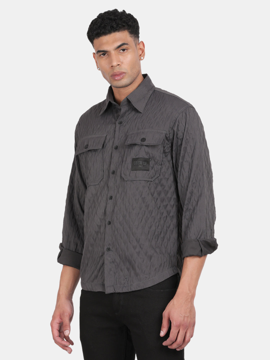 Men Dark Grey Slim Fit Spread Collar Full Sleeve Casual Shirt