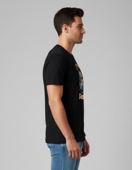 Men Printed Black Cotton Tshirt