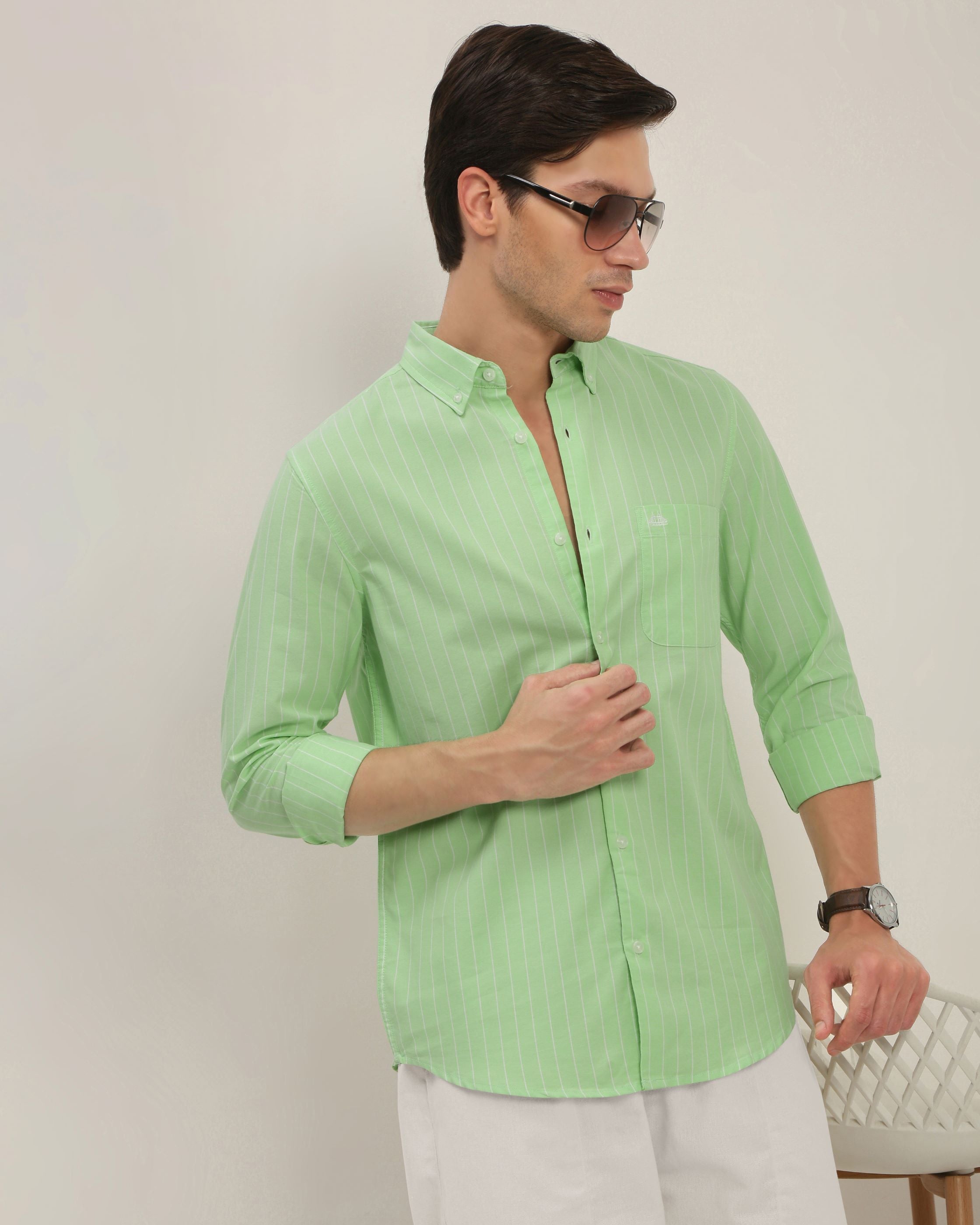 Men Green Striped Shirt