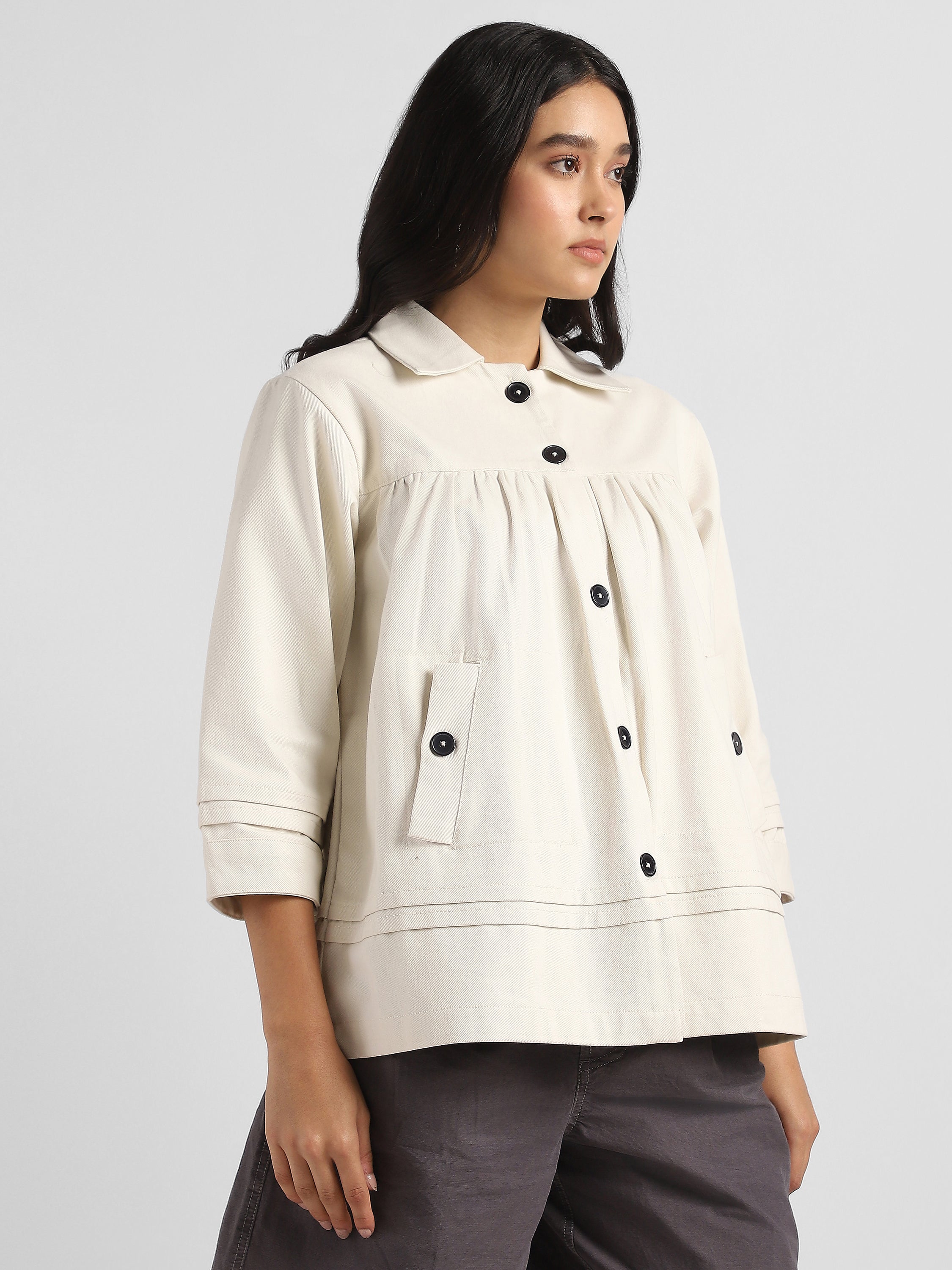 Women Beige Pleated Relaxed Jacket