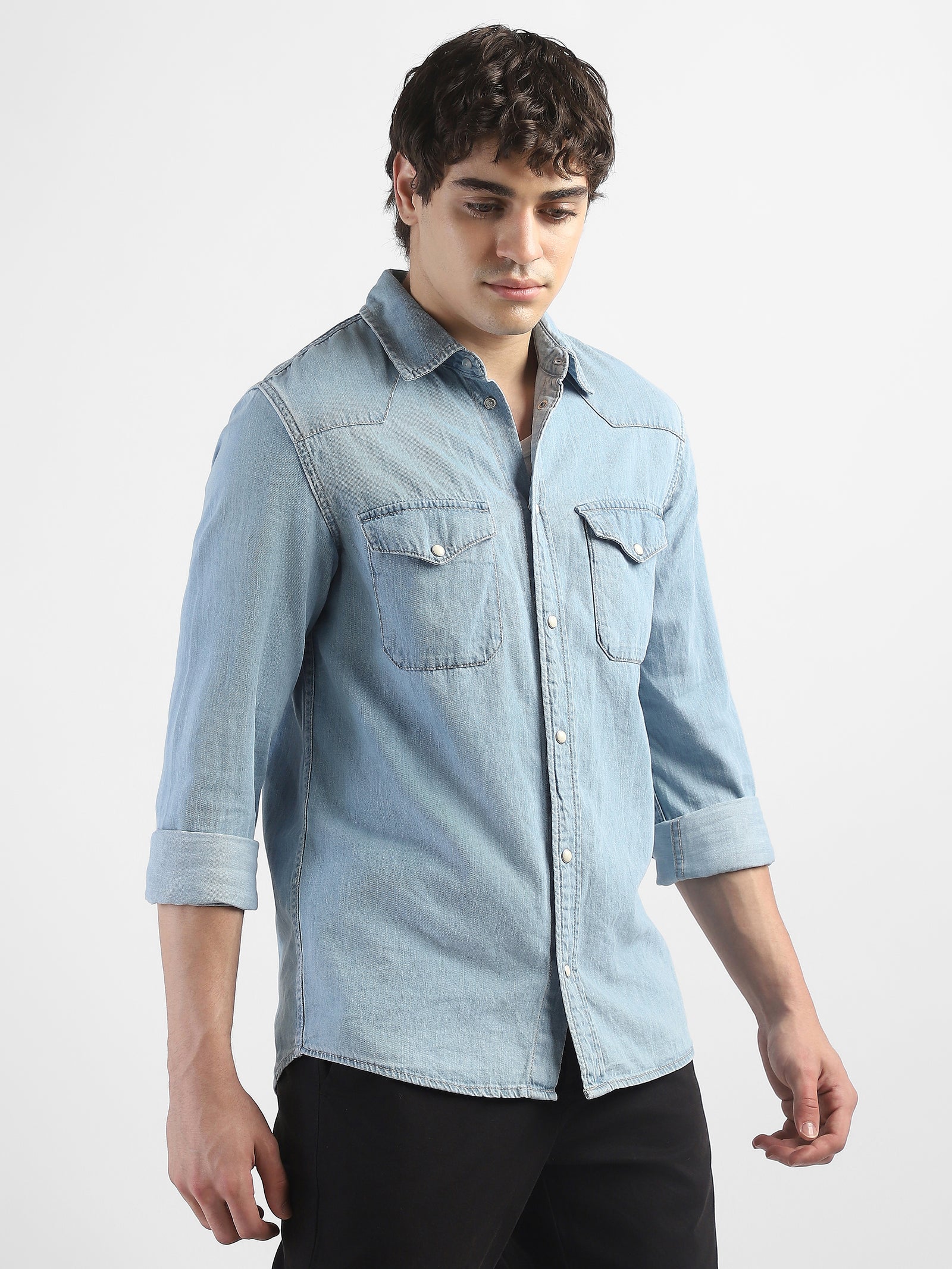 Men Denim Blue Regular Fit Shirt with Two Pockets
