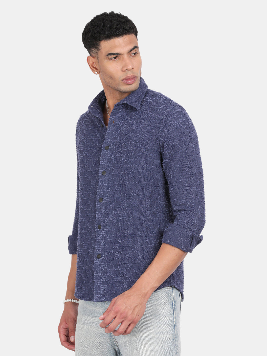 Men Navy Slim Fit Spread Collar Full Sleeve Casual Shirt