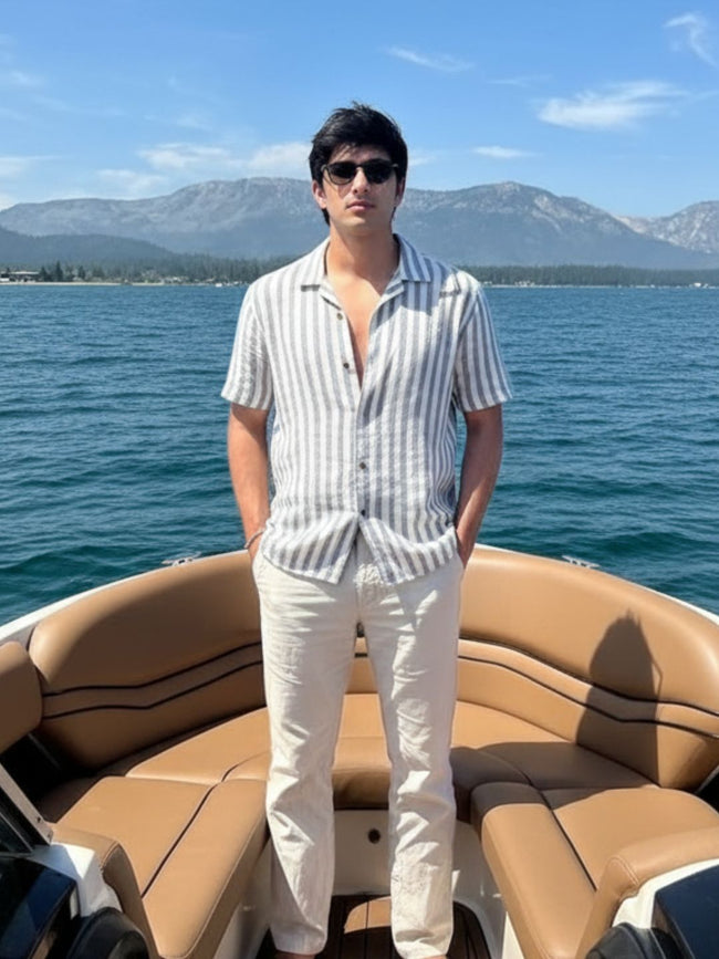 Men Blue Striped Linen Shirt