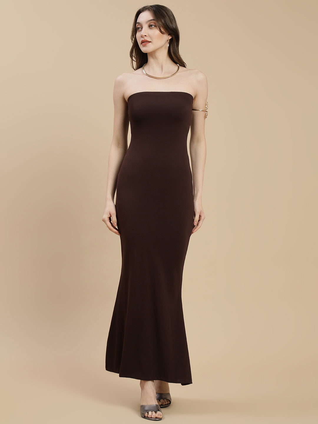 Women Brown Tube Dress With Back Slit