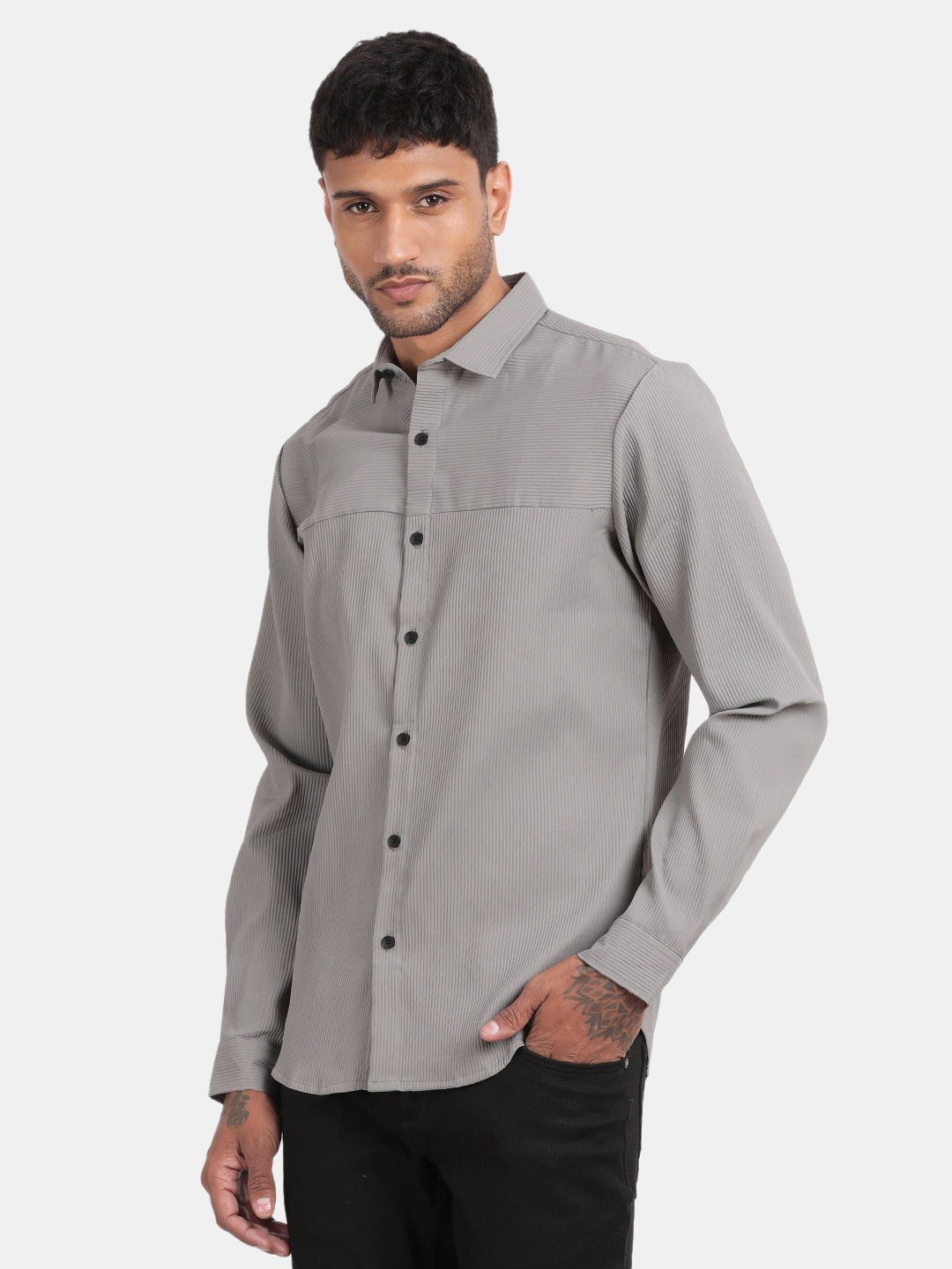 Men Silver Slim Fit Spread Collar Full Sleeve Casual Shirt